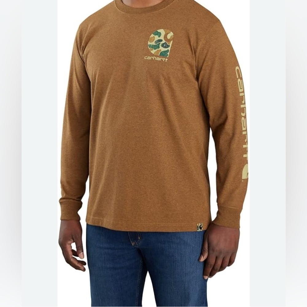 Carhartt T Shirt Mens Small Brown Relaxed Fit Camo Logo Cotton Spell-out